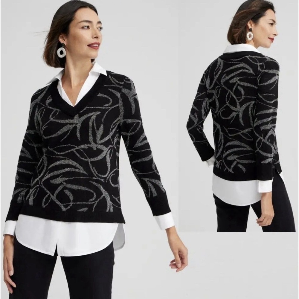 Chico's Metallic Silver Ribbon Print Layered Sweater Mock Shirt Top Black 2XL